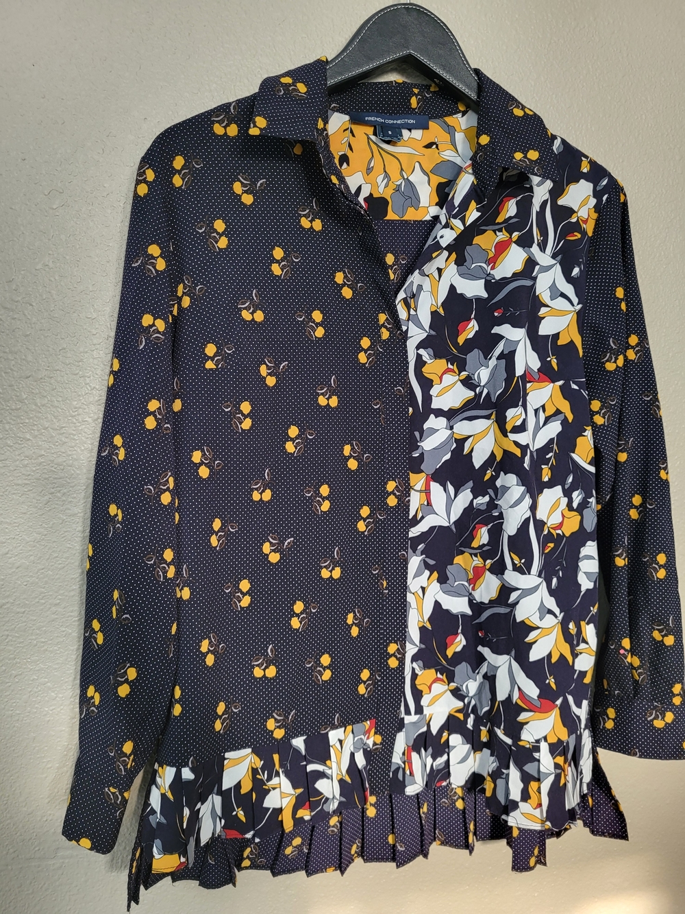 French Connection Floral Tiered Pleat Hem Cotton Button-Up Shirt Long Sleeve S
